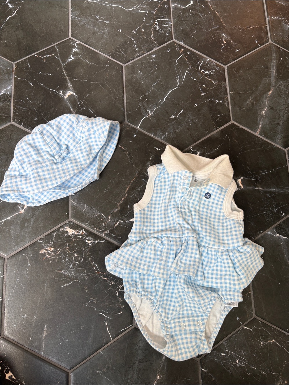 Sperry Light Blue Gingham Ruffle Baby One-Piece with Matching Hat